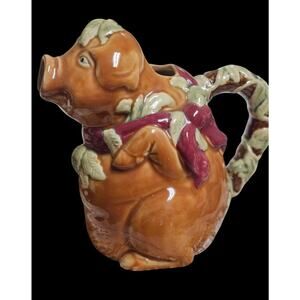 Vintage Majolica (?) 8" Pig Pitcher Twisted Vine Handle